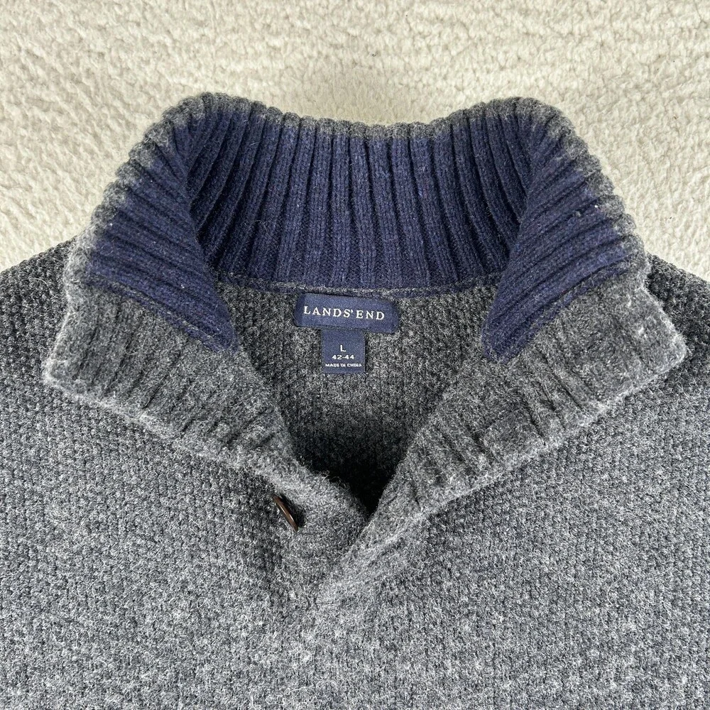 Vintage Lands' End Sweater Mens Large Mock Neck Waffle Knit Button Pullover